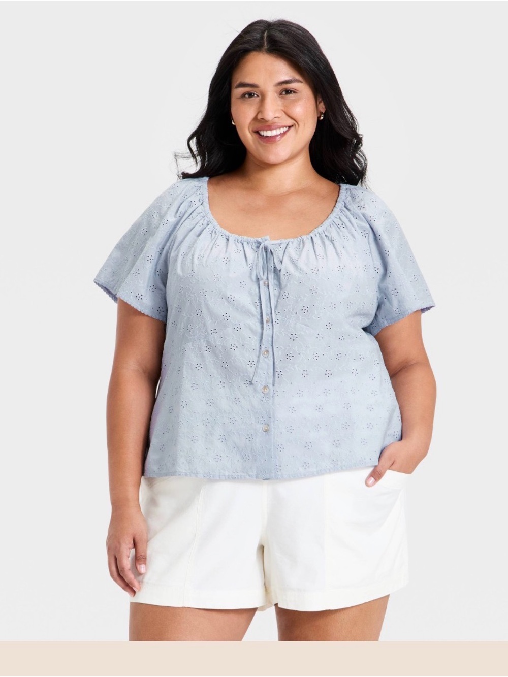 Light Blue Eyelet Peasant Top Scoop Neck size XXL 100% Cotton Cottagecore